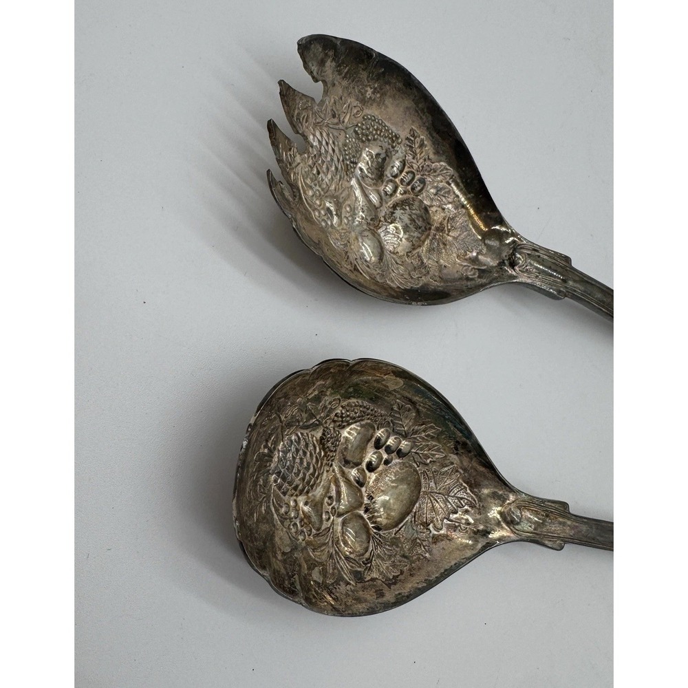 Antique FB Rogers Silver Plated Salad Serving Set Italy Fruit Pattern EPNS 9in - Picture 10 of 10